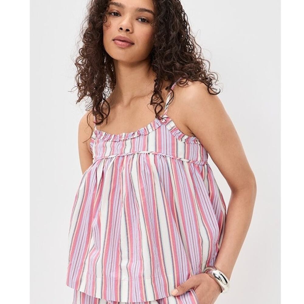 NWT Damson Madder Mafalda Ruffle Neck Top Size 18 XL US 14 Summer Stripe Pink